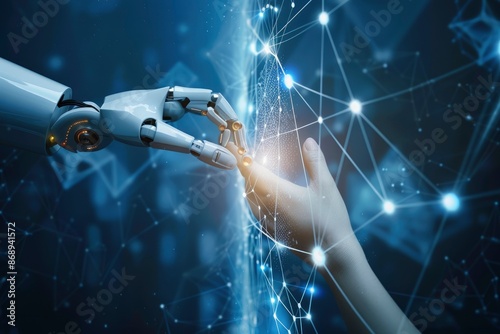 AI, Machine learning, Hands of robot and human touching on big data network connection background, Science and artificial intelligence technology, innovation and futuristic with generaive ai