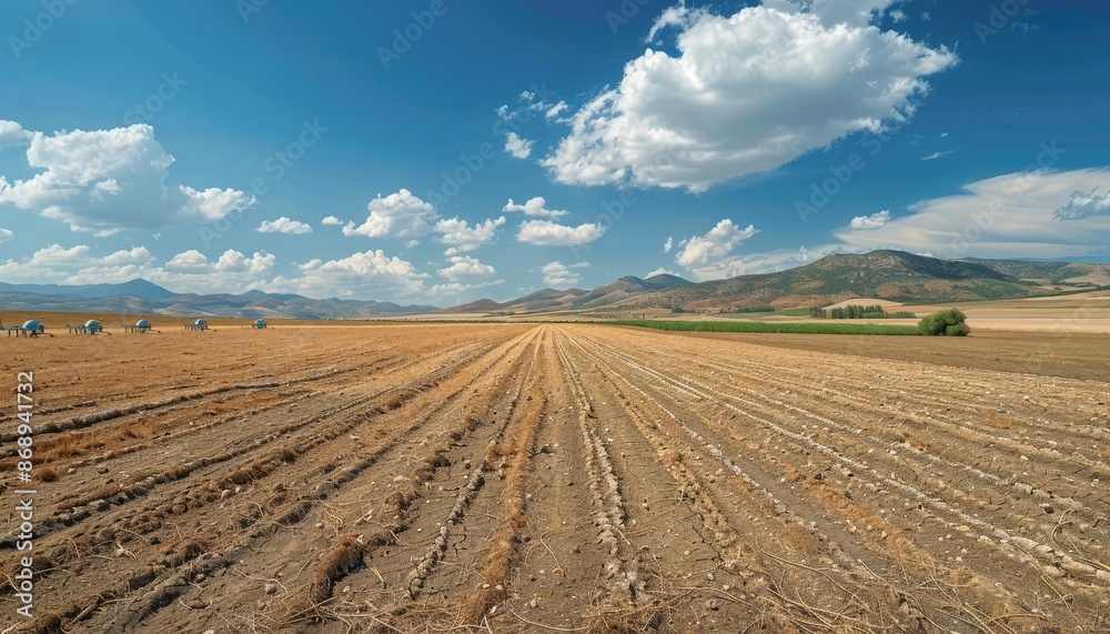 Parched farmland with irrigation equipment, water scarcity, highlighting the challenge of maintaining agriculture , high resolution DSLR Parched farmland with irrigation equipment, water scarcity, highlighting the challenge of maintaining agriculture , high resolution DSLR