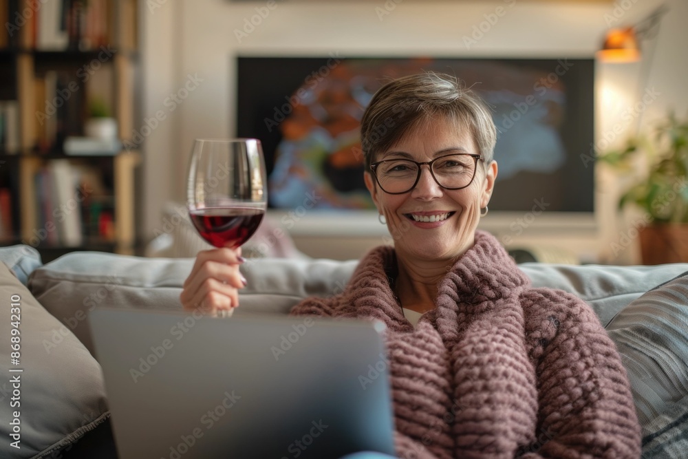 Relaxing evening woman enjoying red wine and using laptop on couch in modern living room Relaxing evening woman enjoying red wine and using laptop on couch in modern living room