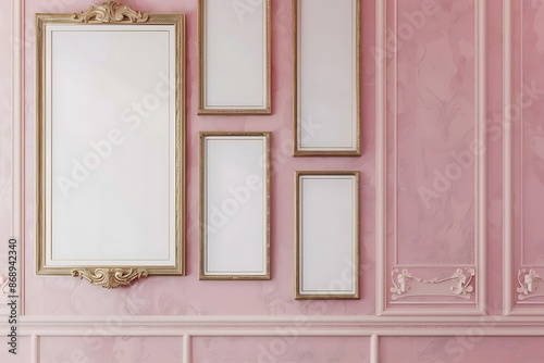 Romantic setting in a gallery with ornamental blank frames against a blush pink wall.