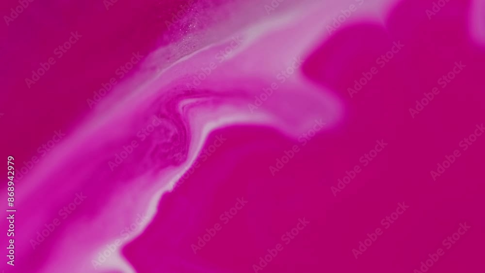 Ink spill background. Acrylic fluid. Blur bright pink pigment spill spot smooth motion on purple white wet surface in trendy color blend hypnotic abstract art.
