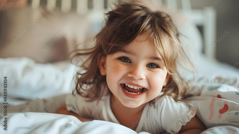 A Cheerful little girl in bed having fun. A Cheerful little girl in bed having fun.