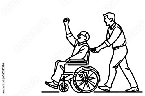 Continuous one line drawing of senior old people sitting in wheelchair, people with disability outline vector on white background