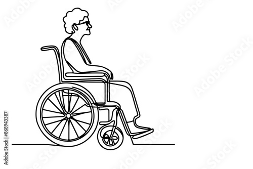Continuous one line drawing of senior old people sitting in wheelchair, people with disability outline vector on white background