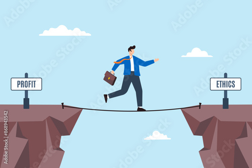 Businessman walking tightrope between labeled Profit and Ethics concept balancing financial gains with moral considerations