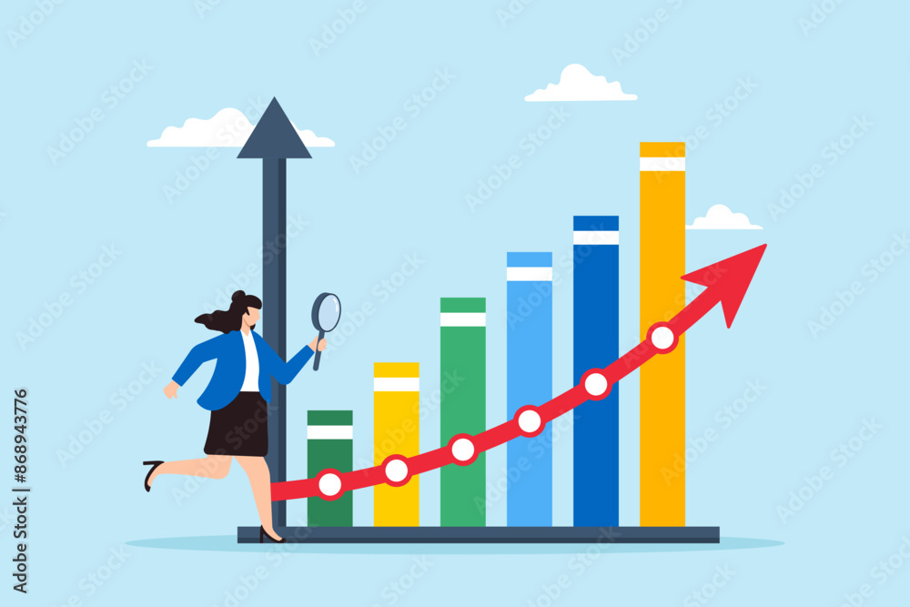 Businesswoman holding magnifying glass to examine market trends concept research insights and informed decisions Businesswoman holding magnifying glass to examine market trends concept research insights and informed decisions