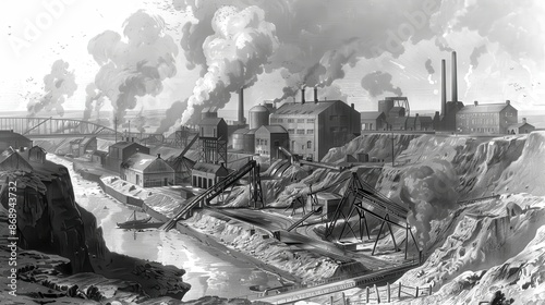 An industrial scene with smokestacks and a river