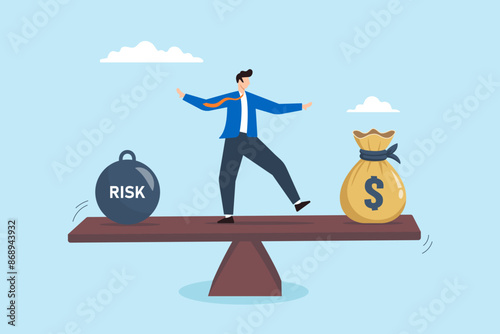 Businessman balancing on seesaw between risk and money bag reward concept management investment decisions and equilibrium
