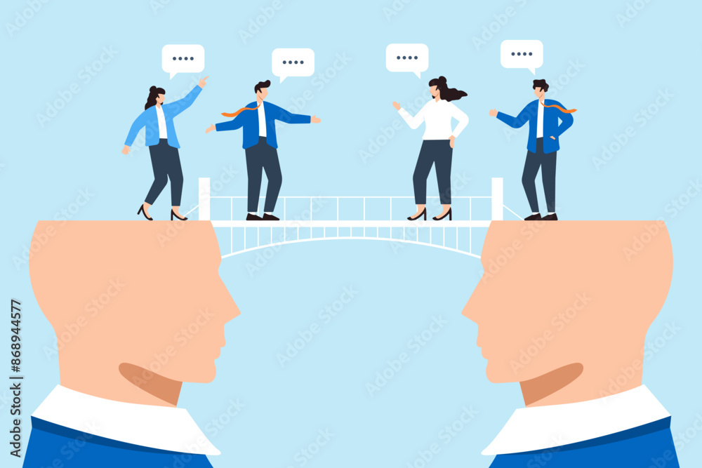 Business team on communication bridge of two heads concept effective collaboration transparency and understanding Business team on communication bridge of two heads concept effective collaboration transparency and understanding