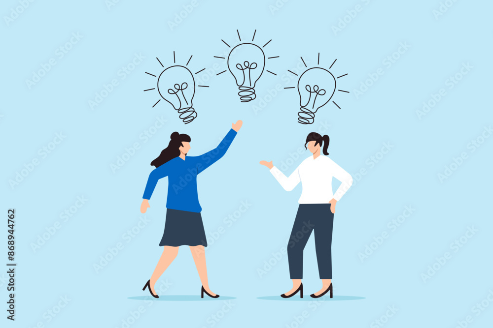 Two businesswomen brainstorming with light bulb above head concept creativity ideas and problem-solving Two businesswomen brainstorming with light bulb above head concept creativity ideas and problem-solving