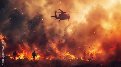 A helicopter hovers over a chaotic battlefield, surrounded by smoke and flames.   photo