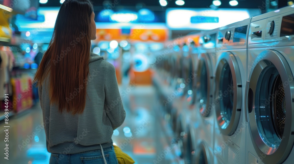 A woman selects a modern washing machine in a shopping mall. A woman selects a modern washing machine in a shopping mall.