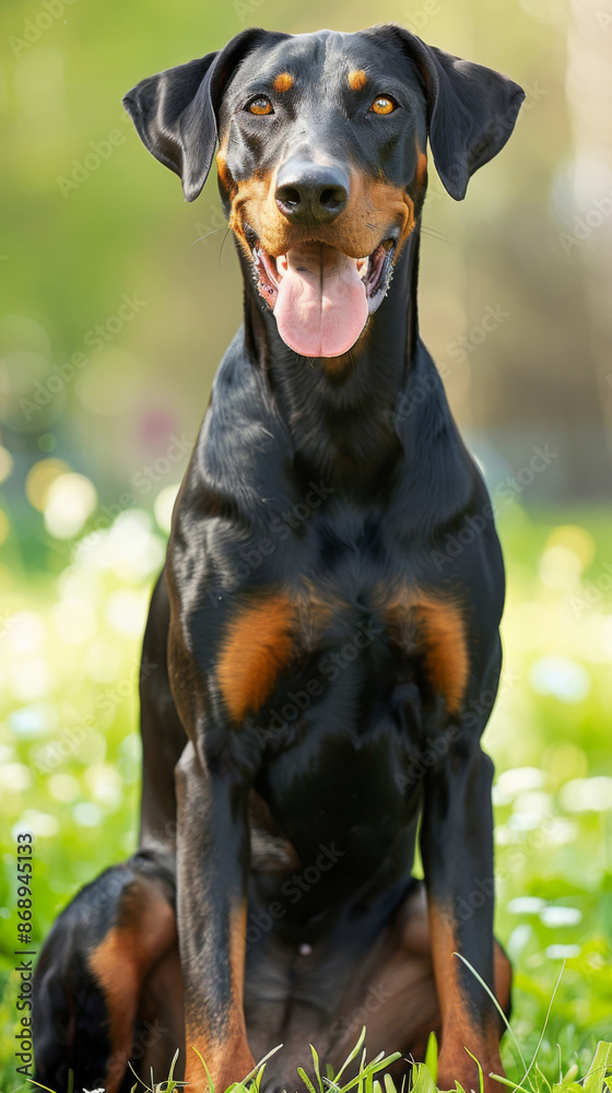 A cute black and brown doberman dog is sitting on the grass A cute black and brown doberman dog is sitting on the grass