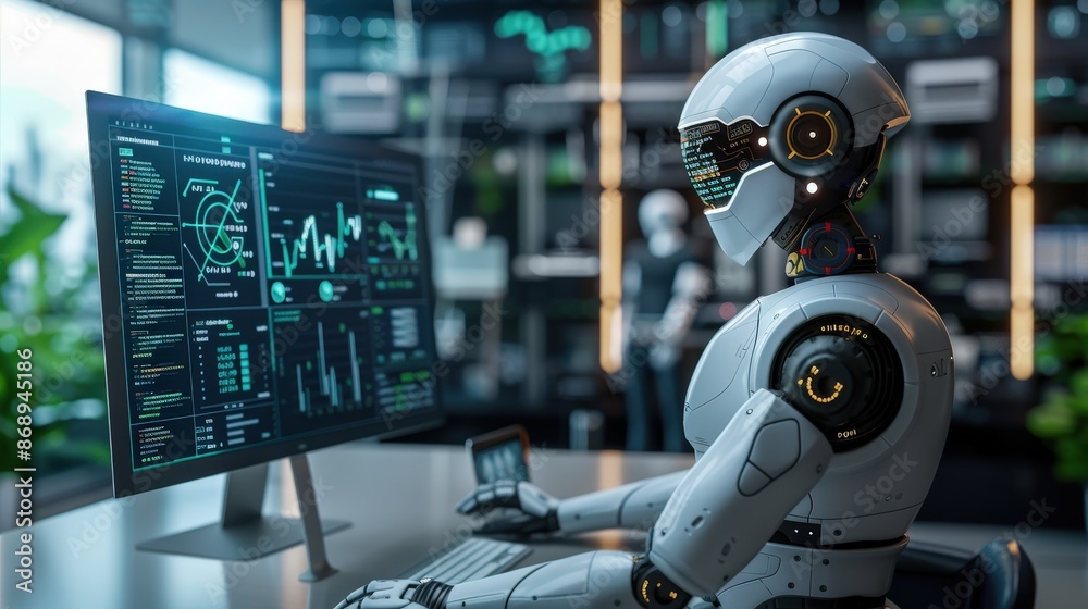 A high-tech robot working at a desk, analyzing data on multiple screens in a modern office setting, showcasing advanced AI and technology. A high-tech robot working at a desk, analyzing data on multiple screens in a modern office setting, showcasing advanced AI and technology.