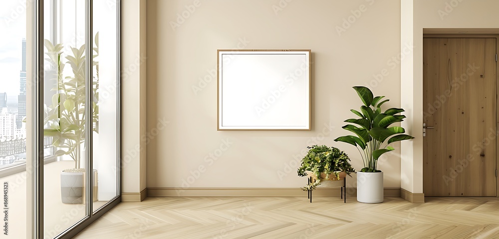 Beige wall in a modern corridor enhances minimalism with a small landscape blank frame mockup. Beige wall in a modern corridor enhances minimalism with a small landscape blank frame mockup.