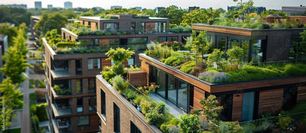 Aerial view of a contemporary urban apartment complex featuring lush green rooftop gardens and eco-friendly design elements. Aerial view of a contemporary urban apartment complex featuring lush green rooftop gardens and eco-friendly design elements.