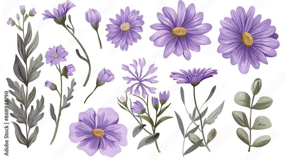 Fototapeta premium Set of Daisy Purple Flower Isolated Floral and Leaves Clipart