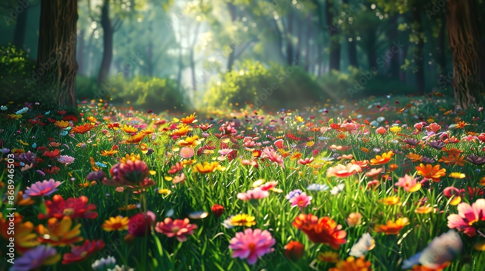 Fototapeta premium Mountain meadow in sunny day. Natural summer landscape