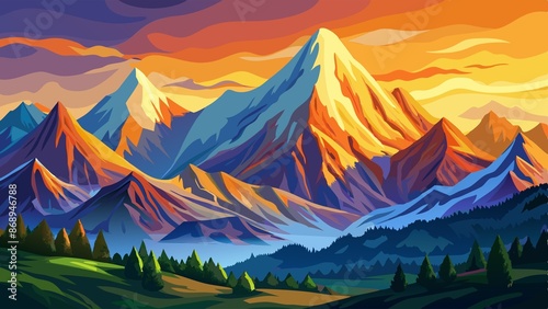 Watercolor painting of stunning mountain range, range, mountains, painting, watercolor © Woonsen