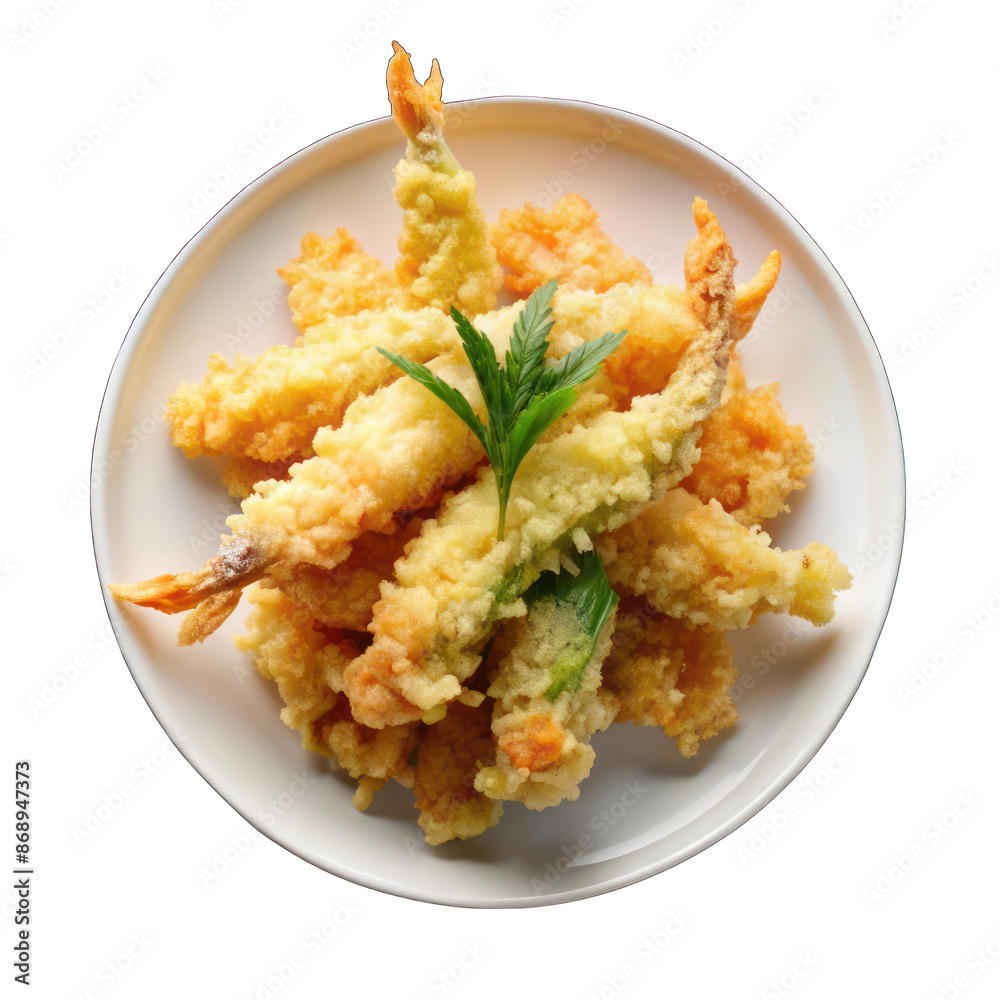 Crispy and crunchy tasty tempura on white plate on transparent background Crispy and crunchy tasty tempura on white plate on transparent background
