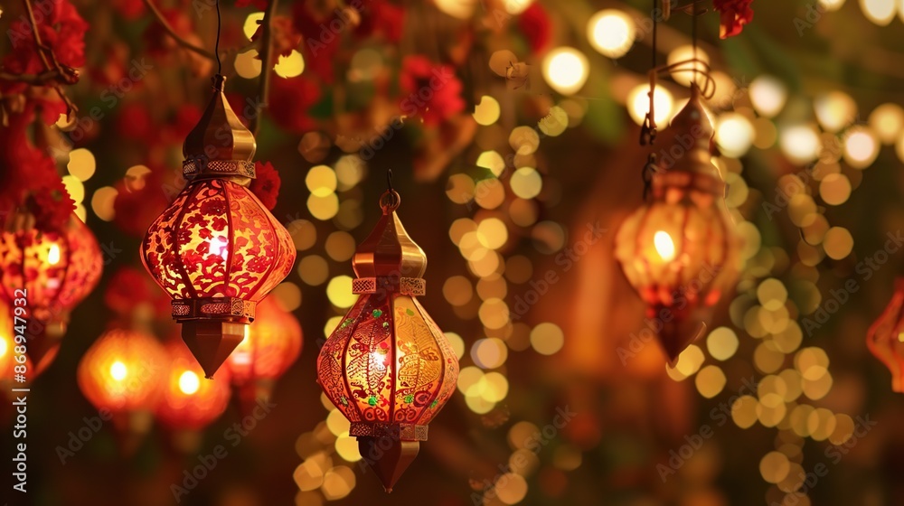Ornamental Lanterns Hanging Amongst Bokeh Lights Ornamental Lanterns Hanging Amongst Bokeh Lights