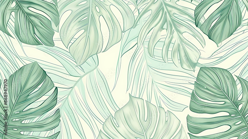 Tropical leaves background vector. Natural jungle monstera palm leaves design in minimal pale green color with contour line art style. Design for fabric, cover, decoration, wallpaper. Generative Ai