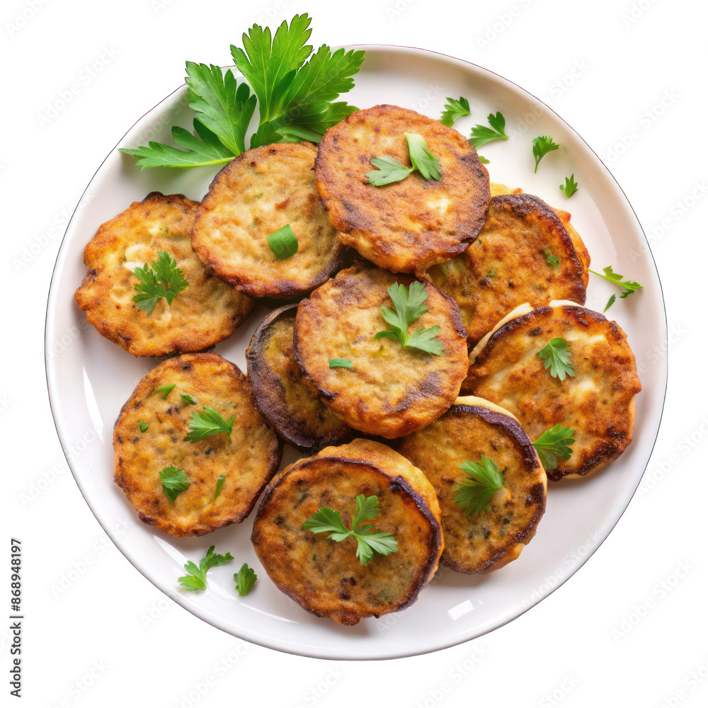 Egg plant fritters on white plate isolated on transparent background Egg plant fritters on white plate isolated on transparent background