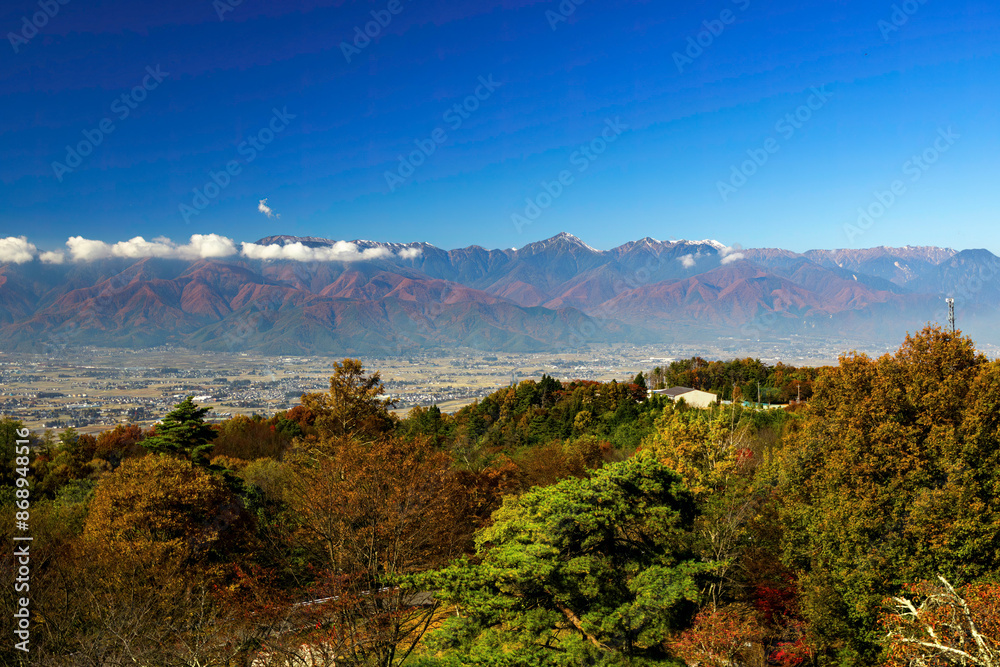 Fototapeta premium 展望台から眺める美しい壮大な日本アルプス山脈の山並み。 眼下には真っ赤に色づく紅葉が広がる。 松本市郊外にある芥子坊主農村公園。 標高800mほどの芥子坊主山の山頂にあり、展望台からは松本市街地を含む安曇野の盆地、北アルプスの山脈の連なりが一望できる。 壮大なパノラマである。 美しい長野の中核都市、松本市を歩く。 日本国長野県松本市 - 2021年11月7日。 