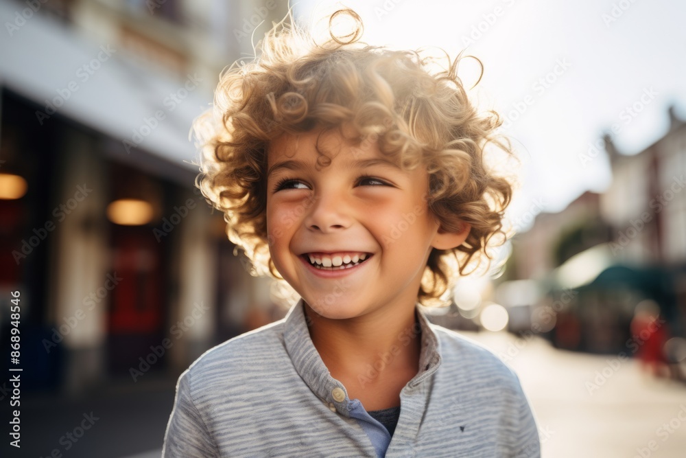 Portrait of a cute little boy with curly hair standing on the street Portrait of a cute little boy with curly hair standing on the street