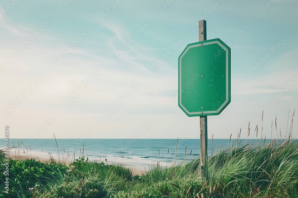Clear sky and fresh sea grass backdrop a tall hexagon-shaped green road sign on a coastal route.