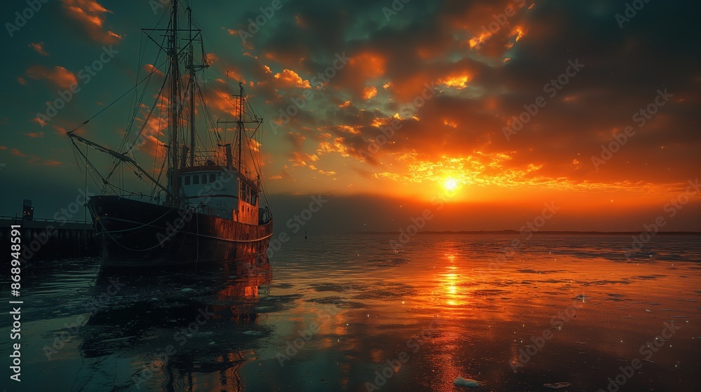 Fototapeta premium Fishing Boat in Vibrant Sunset Reflection