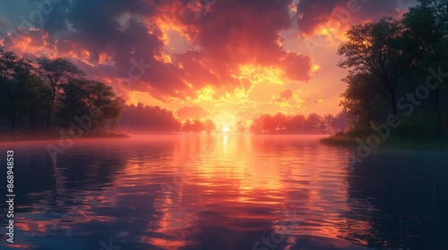 Vibrant Sunset Over Serene Lake