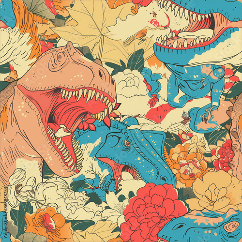 seamless wallpaper pattern with various dinosaurs, Tyrannosaurus rex in a unique Japanese tattoo design style