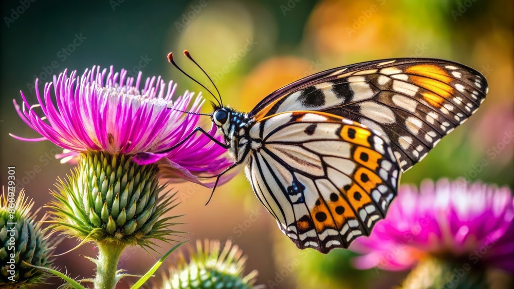 Vibrant male citrus butterfly with striking black and white wings perched on a delicate, pinkish-purple thistle flower bloom. Vibrant male citrus butterfly with striking black and white wings perched on a delicate, pinkish-purple thistle flower bloom.