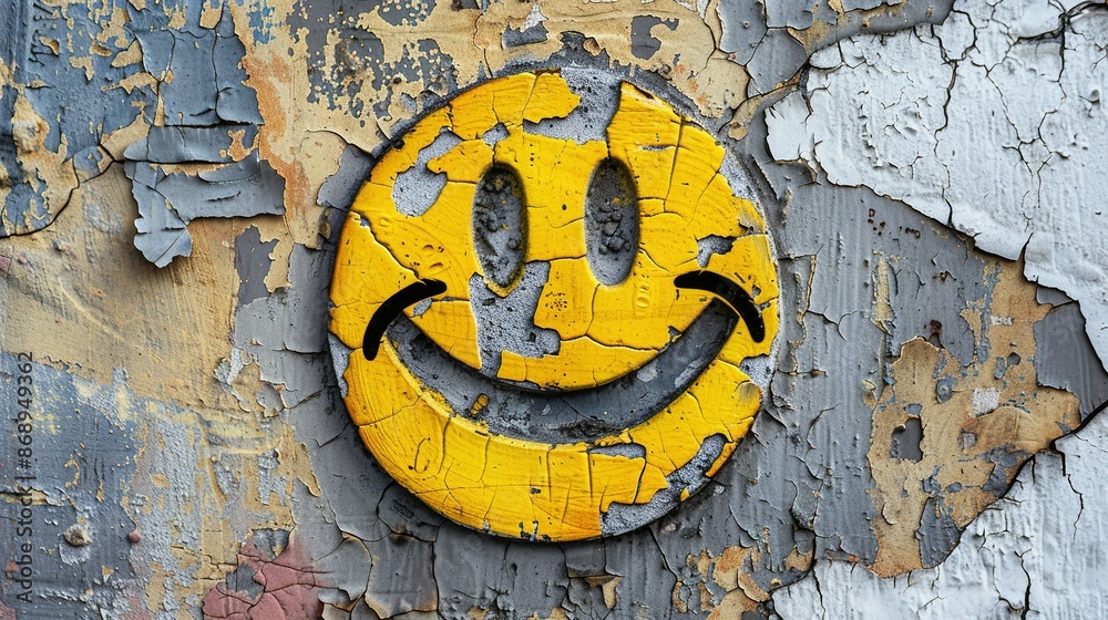 Urban Graffiti: Yellow Smiley Face on Old Wall