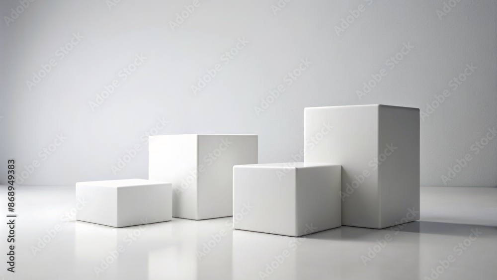 Isolated white cube boxes varying in size stand alone against a pristine white blank wall background in 3D rendering. Isolated white cube boxes varying in size stand alone against a pristine white blank wall background in 3D rendering.