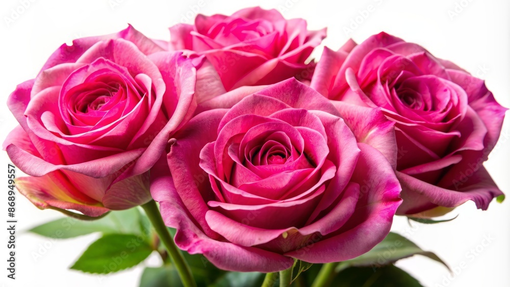 Delicate, soft-focus, velvety petals of vibrant pink musk roses sprawl across a pristine white background in elegant, refined beauty. Delicate, soft-focus, velvety petals of vibrant pink musk roses sprawl across a pristine white background in elegant, refined beauty.