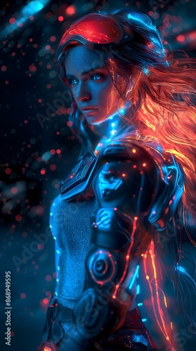 Female warrior, future female warrior, close-up, beauty, future beauty, future female warrior, female warrior, female officer, female technician, fantasy, lightning, glow, magic