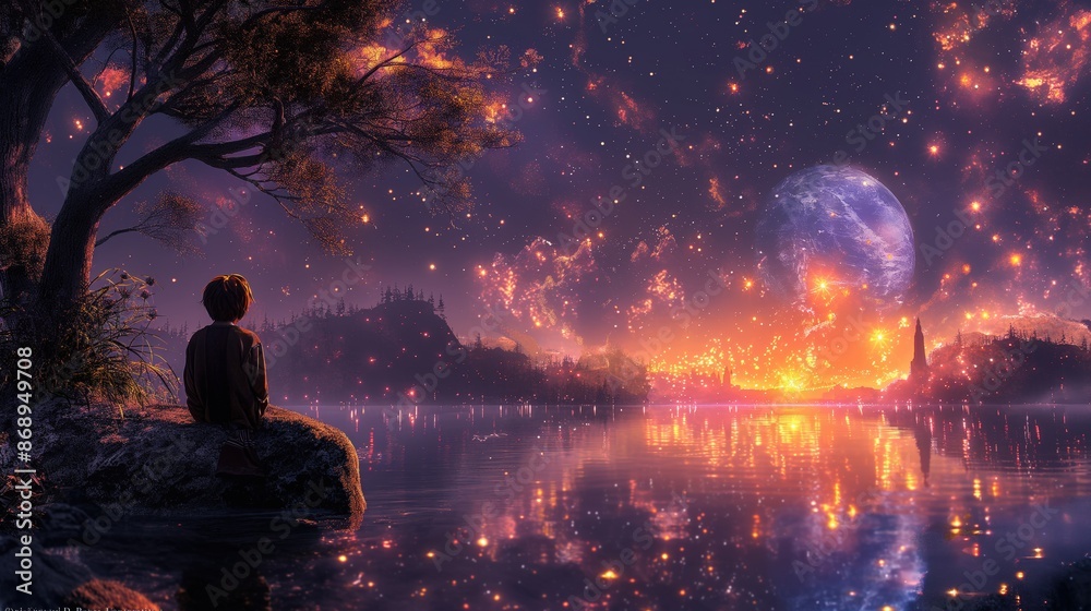 Boy Watching Magical Night Sky Over Lake Boy Watching Magical Night Sky Over Lake