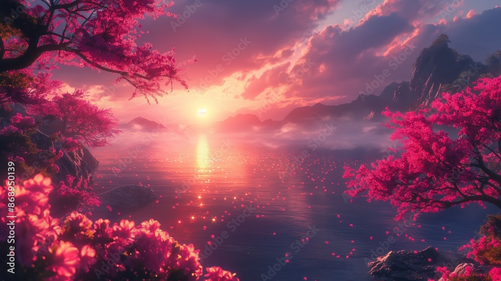 Pink Blossoms at Sunset by Lake Pink Blossoms at Sunset by Lake