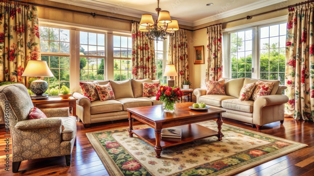 Serene and inviting living room with plush furniture, rich wood accents, and vibrant floral patterned curtains filtering warm natural light. Serene and inviting living room with plush furniture, rich wood accents, and vibrant floral patterned curtains filtering warm natural light.