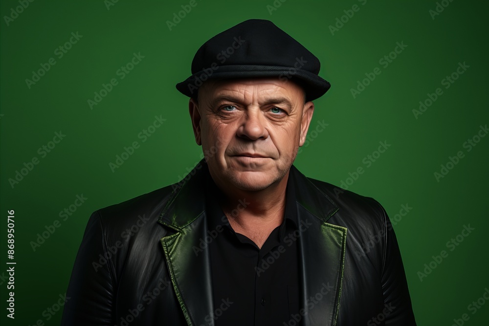 Portrait of a senior man in a black leather jacket and hat on a green background. Portrait of a senior man in a black leather jacket and hat on a green background.