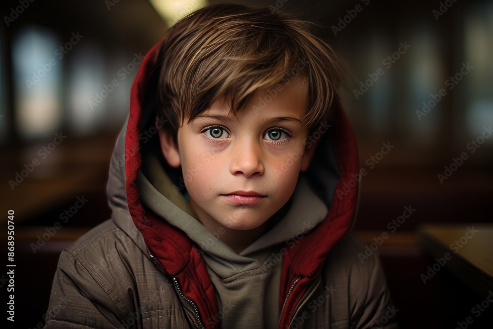 Portrait of a boy in a red hoodie in a cafe