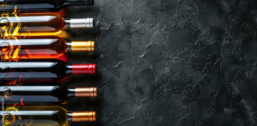 A stunning photo showcasing a selection of fine wines against a dark background, highlighting the elegance and variety of the collection A stunning photo showcasing a selection of fine wines against a dark background, highlighting the elegance and variety of the collection