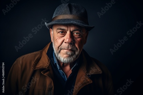 Portrait of an old man with a gray beard and a hat on a dark background.