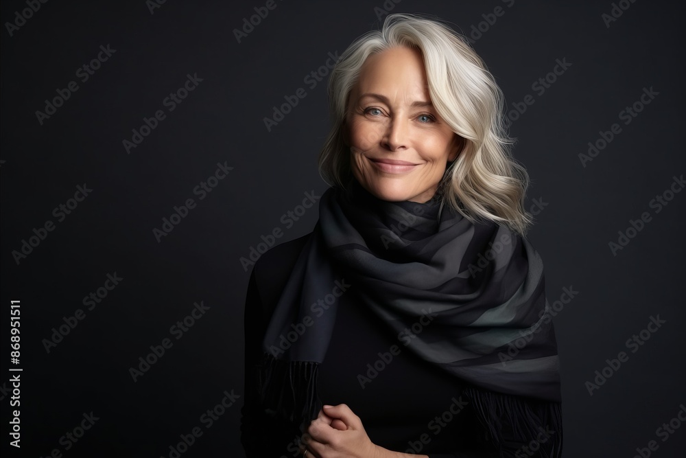 Portrait of a beautiful senior woman wearing scarf over dark background. Portrait of a beautiful senior woman wearing scarf over dark background.