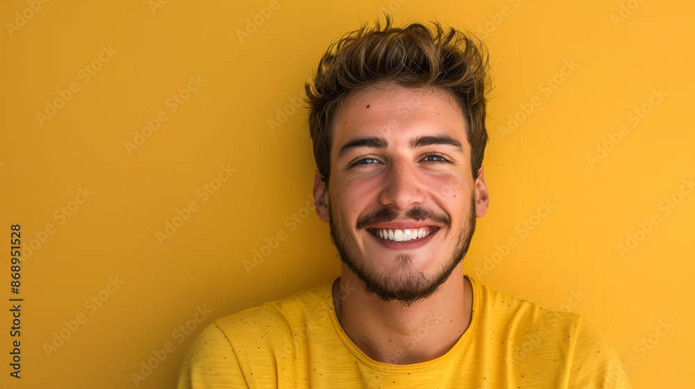 Obraz premium A millennial man in a happy, confident pose, smiling at the camera against a solid yellow background