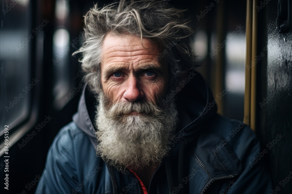 Portrait of an old man with a long gray beard and mustache in a blue jacket with a hood on a city street Portrait of an old man with a long gray beard and mustache in a blue jacket with a hood on a city street