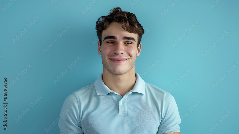 Obraz premium A millennial man in a polo shirt, smiling confidently at the camera against a solid light blue background