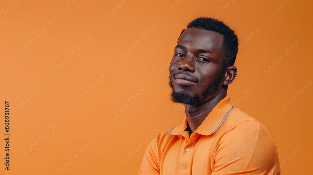 Fototapeta premium A millennial man in a polo shirt, posing confidently with a solid orange background
